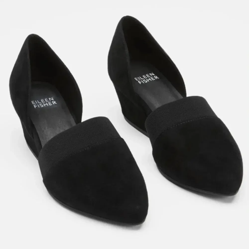 Eileen Fisher Hilly Wedge D’Orsay Black Suede Wedge Pumps Sz 7